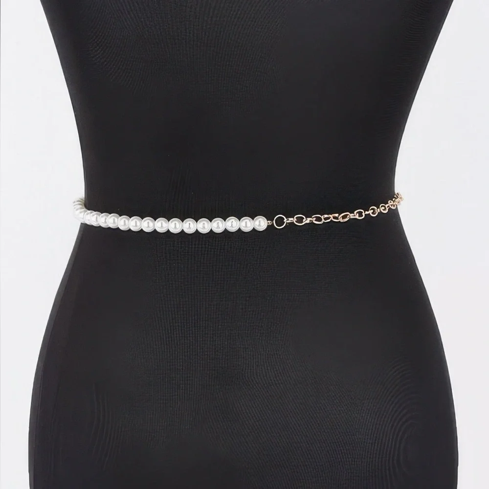 Layered Faux Pearl Flower Ribbon Belt